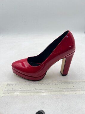 miss left Red Platform Almond Toe Pumps Classic Slip On Block Heels Party Shoe